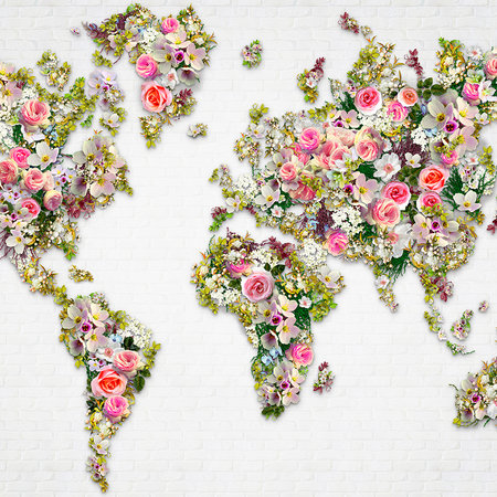 Fototapete Rosen & Blüten als Weltkarte auf weißer Wand
