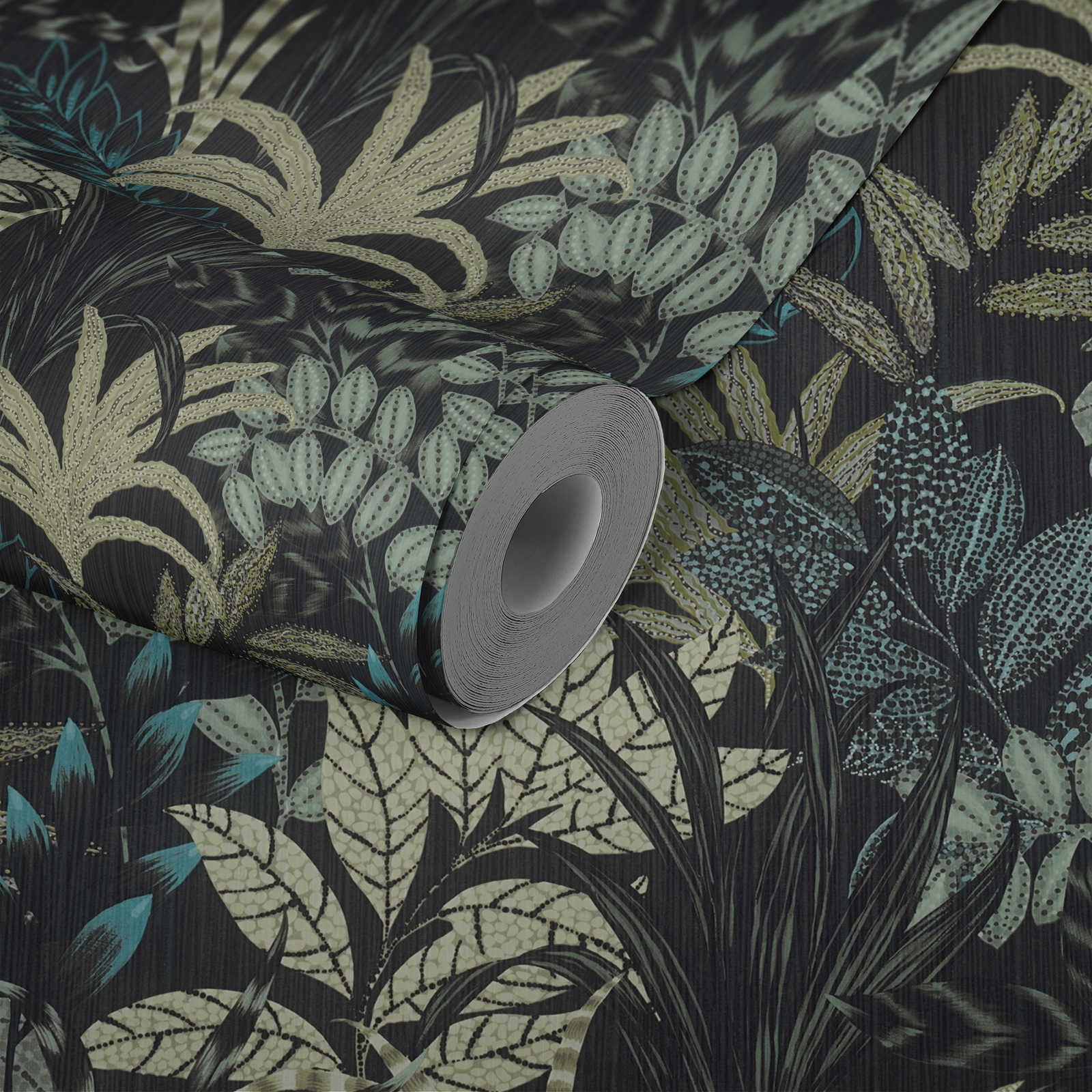             Natürliche Mustertapete mit Dschungel Design – Grün, Schwarz
        