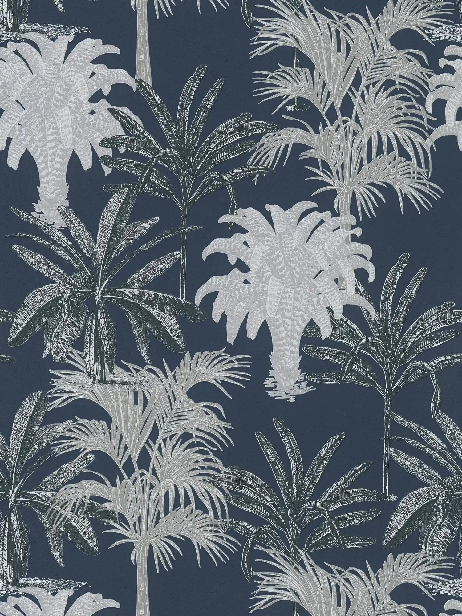 Palmen Tapete MICHASLKY Dunkelblau mit Strukturmuster – Blau, Grau
