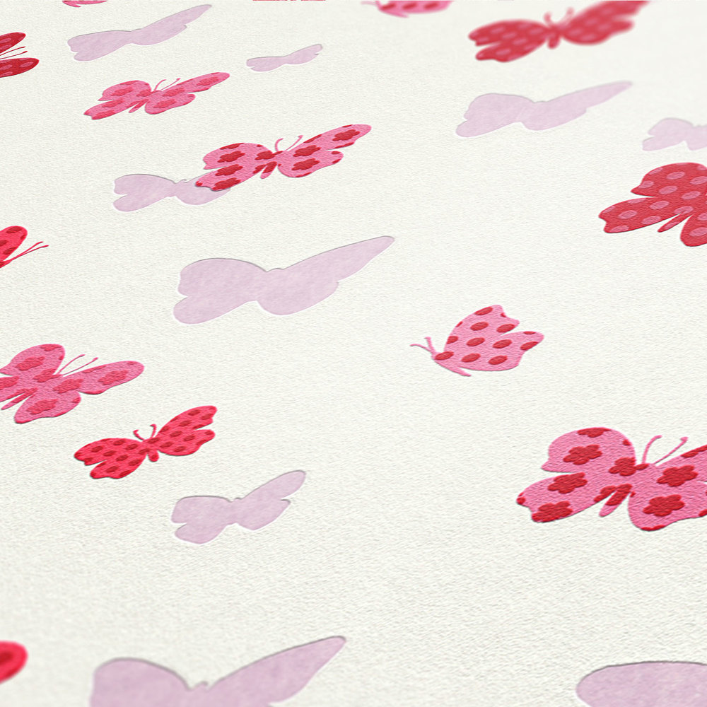            Schmetterling Tapete gemustert für Kinderzimmer – Weiß, Rot, Rosa
        