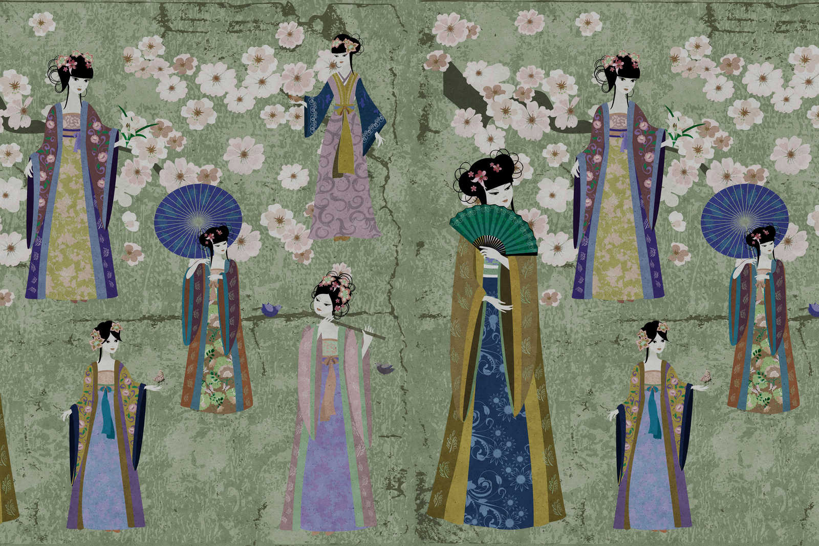             Leinwandbild Japan Comic mit Kirschblüten | grün, blau – 0,90 m x 0,60 m
        
