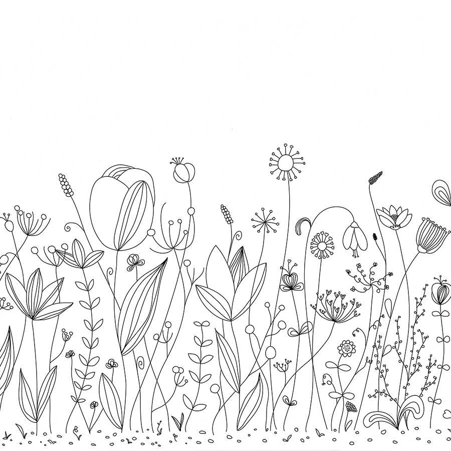 Kinder Fototapete mit schwarz weiß gezeichneten Blumen auf Perlmutt Glattvlies
