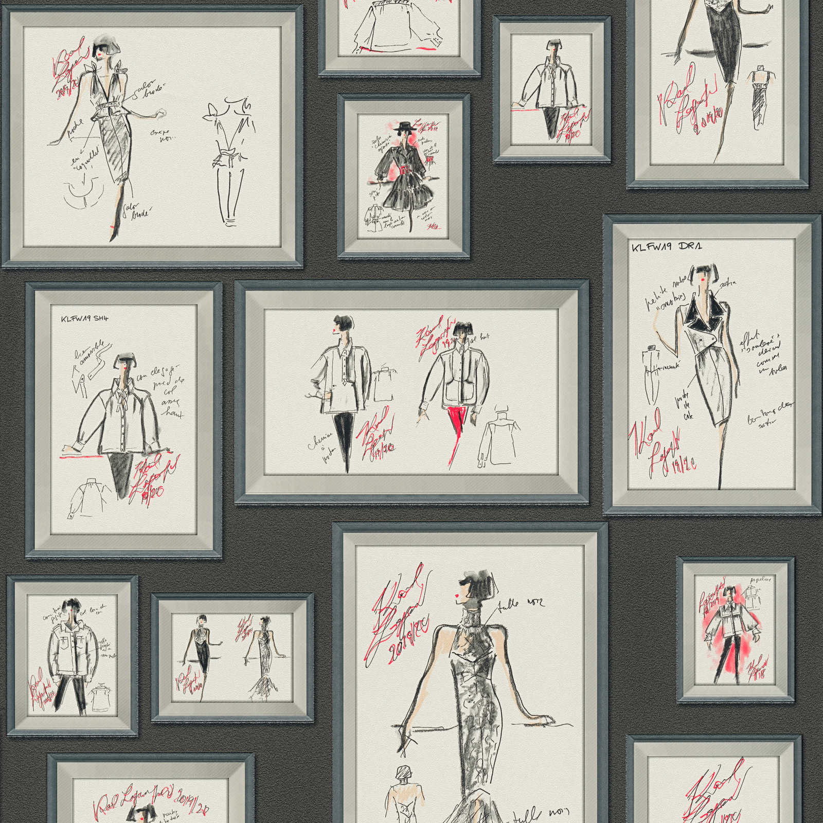 Karl LAGERFELD Tapete Mode Skizzen – Grau, Rot, Weiß
