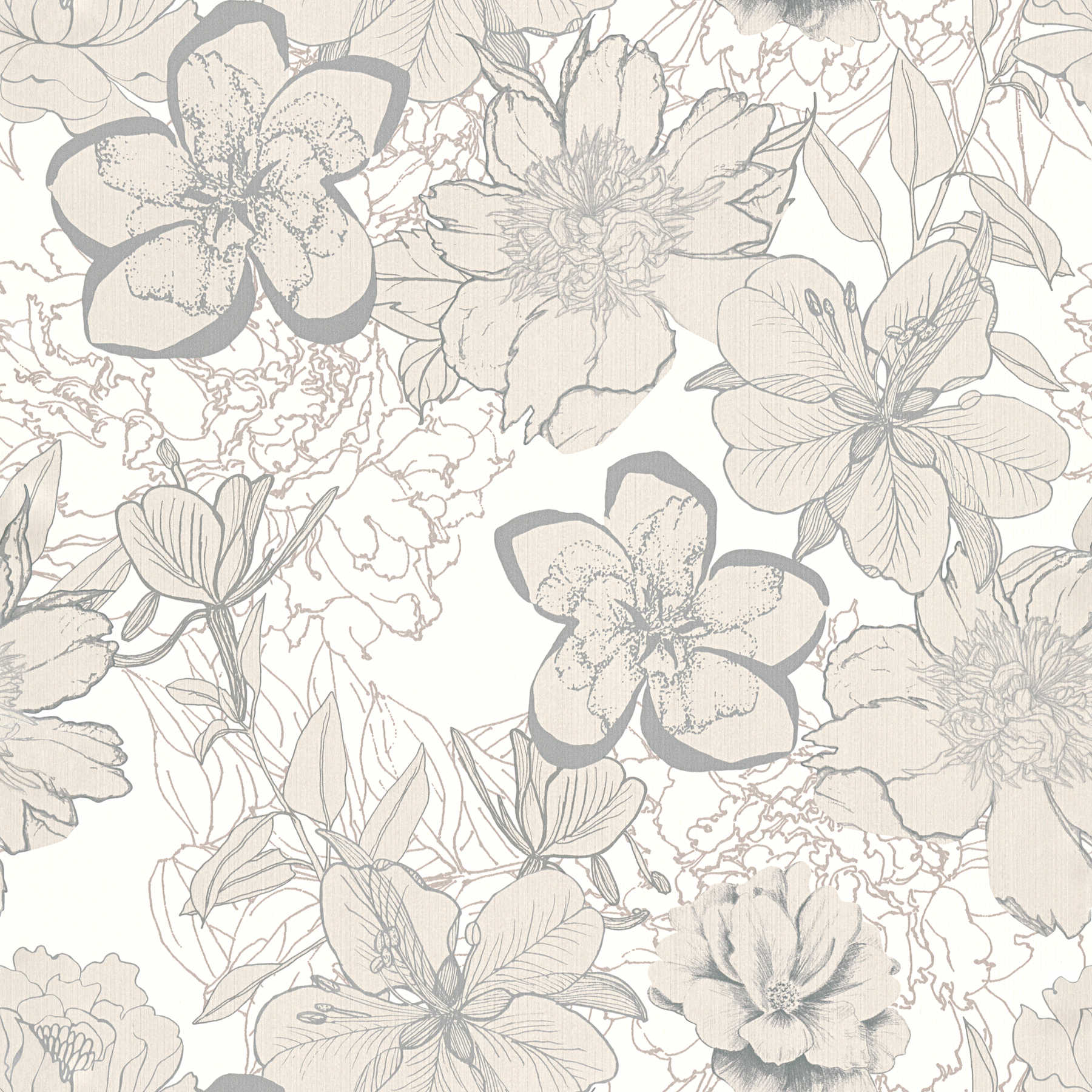 Blumentapete mit Blüten Skizzen & Metallic Farbe – Creme
