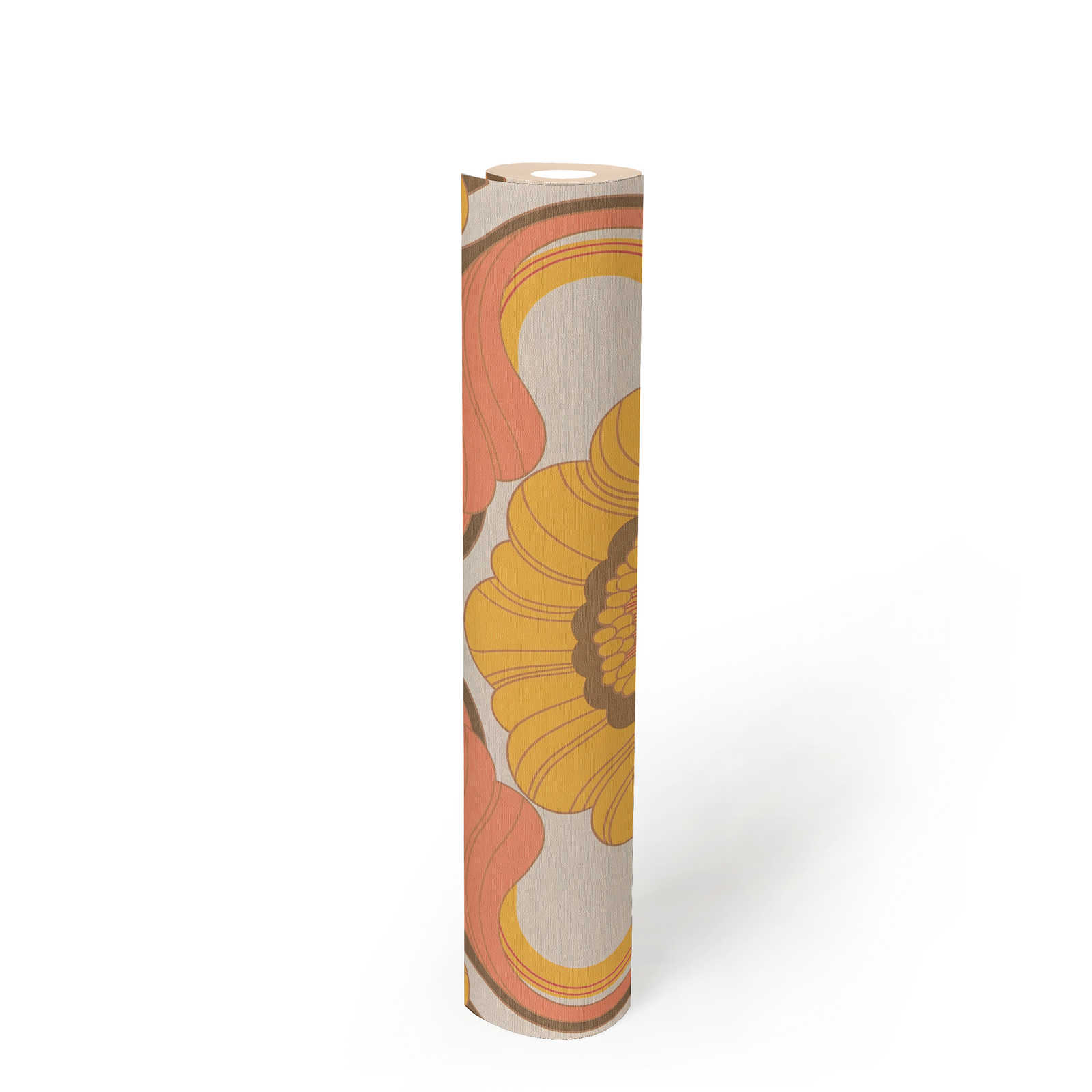             Florale Retro Tapete mit Blumenmuster in warmen Farben – Braun, Gelb, Orange
        