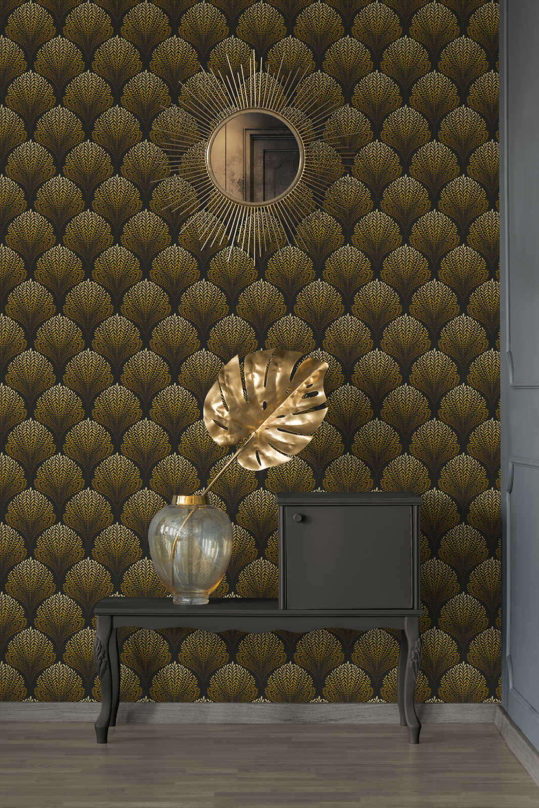             Retro Tapete mit Gold Ornamenten – Braun, Gelb, Schwarz
        