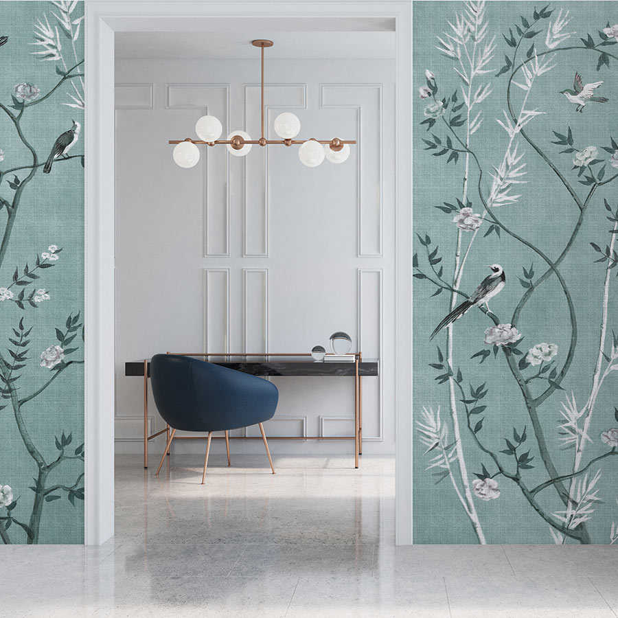 Tea Room 1 – Fototapete Vögel & Blüten Design in Petrol & Weiß
