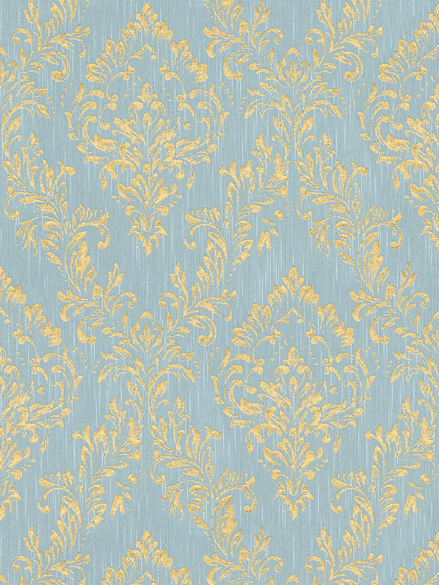 Ornament-Tapete floral mit goldenem Glitzer-Effekt – Gold, Blau, Grün
