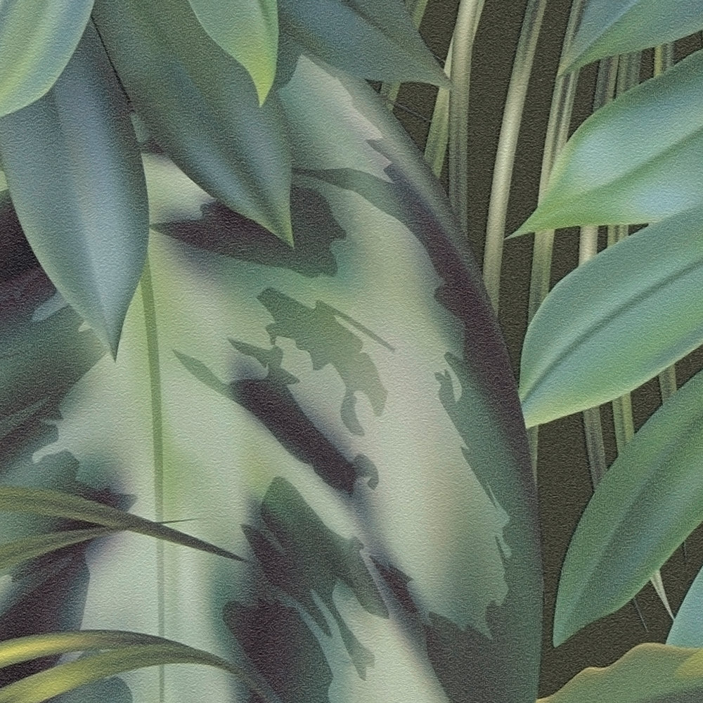             Blätter-Tapete Dschungel Muster – Grün, Schwarz
        
