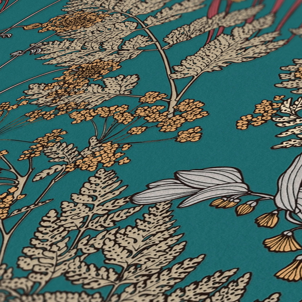             Tapete Petrol mit Blätter & Blüten Muster im Zeichenstil – Blau, Beige, Gelb
        