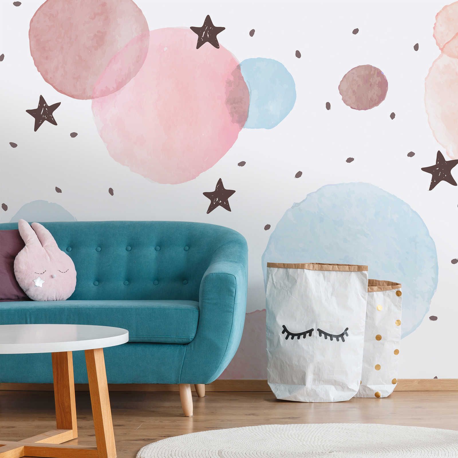 Fototapete fürs Kinderzimmer mit Sternen, Punkten und Kreisen – Glattes & perlmutt-schimmerndes Vlies
