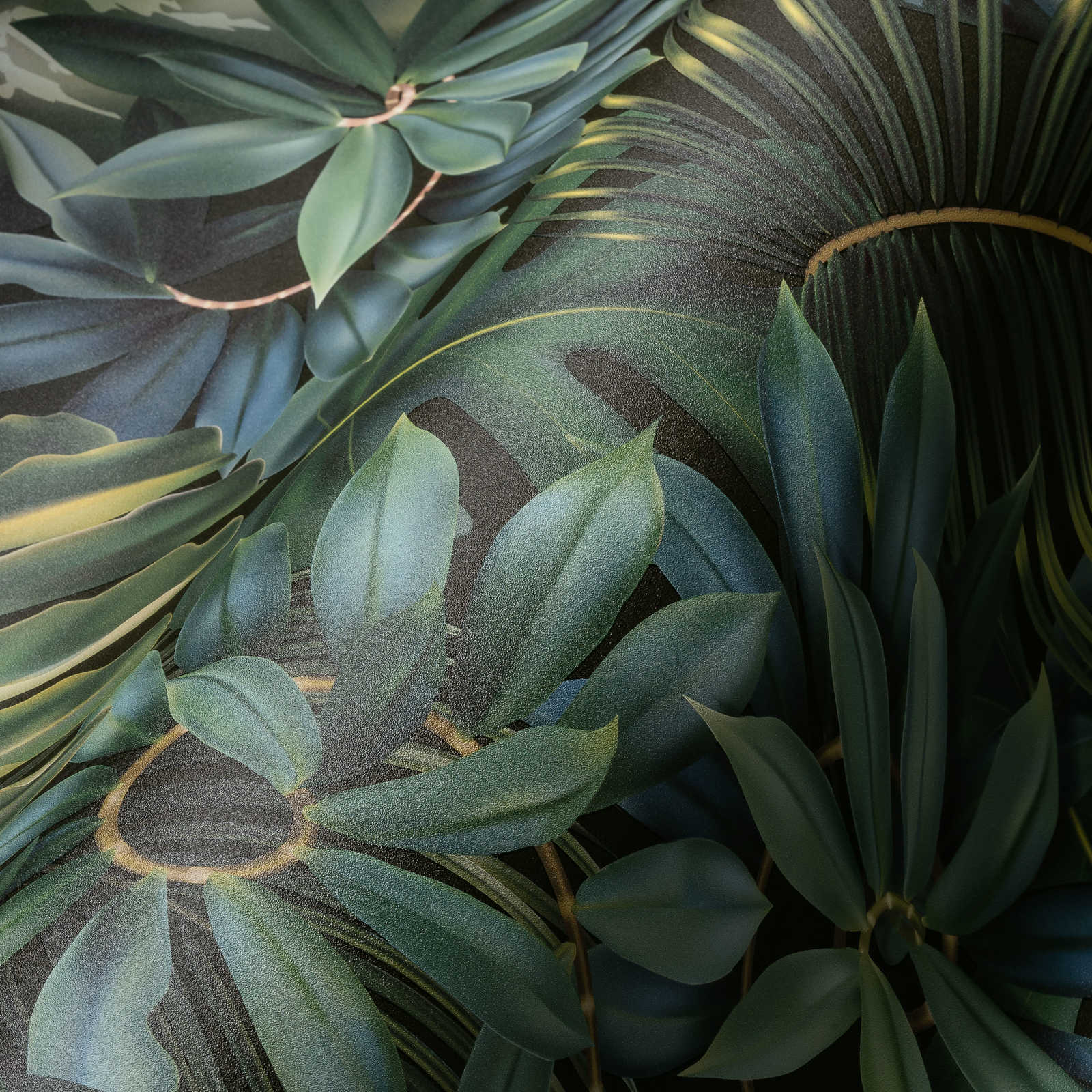             Blätter-Tapete Dschungel Muster – Grün, Schwarz
        