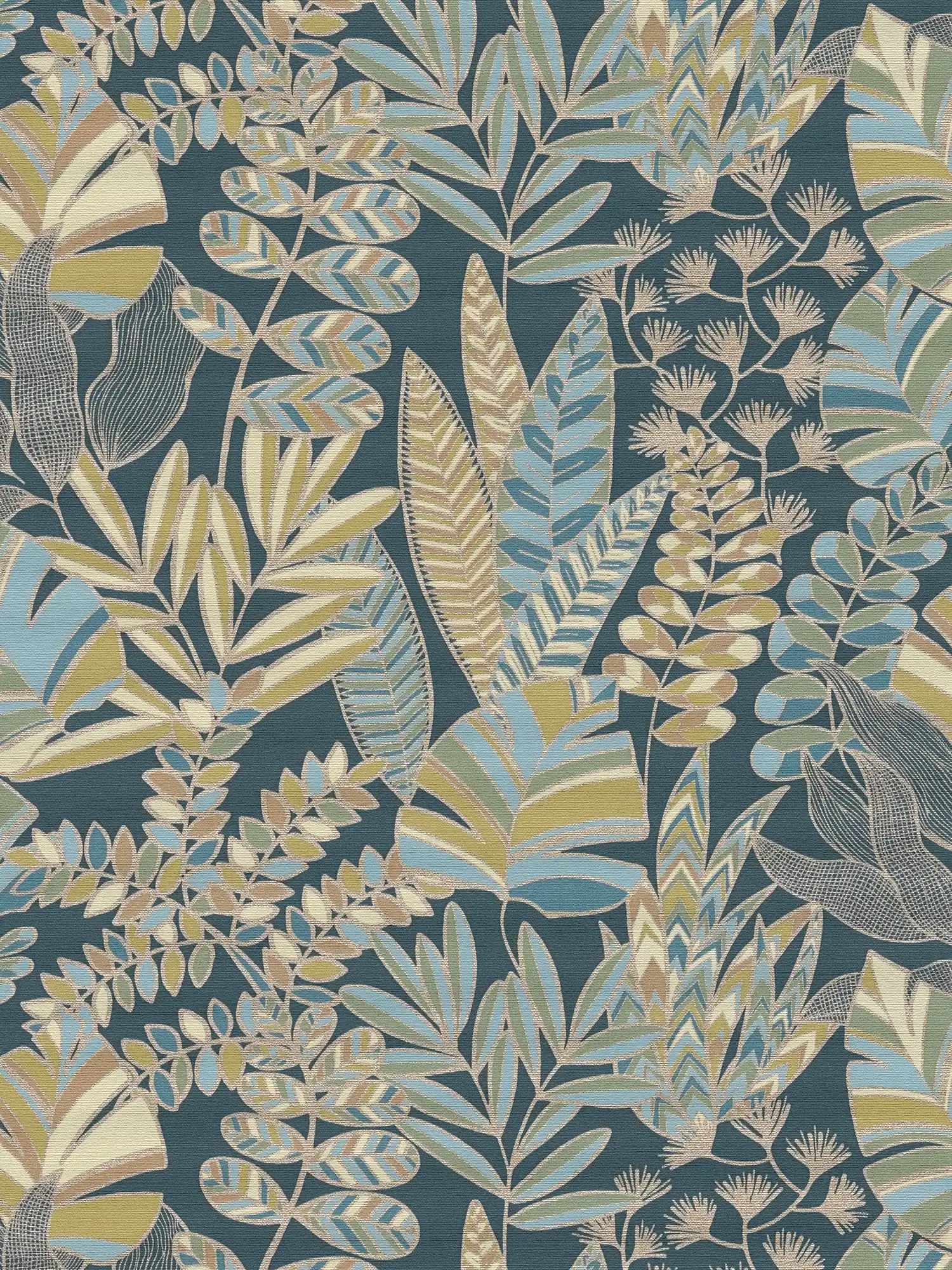 Vliestapete im Dschungelstil mit Glanzeffekt – Blau, Gold, Grün
