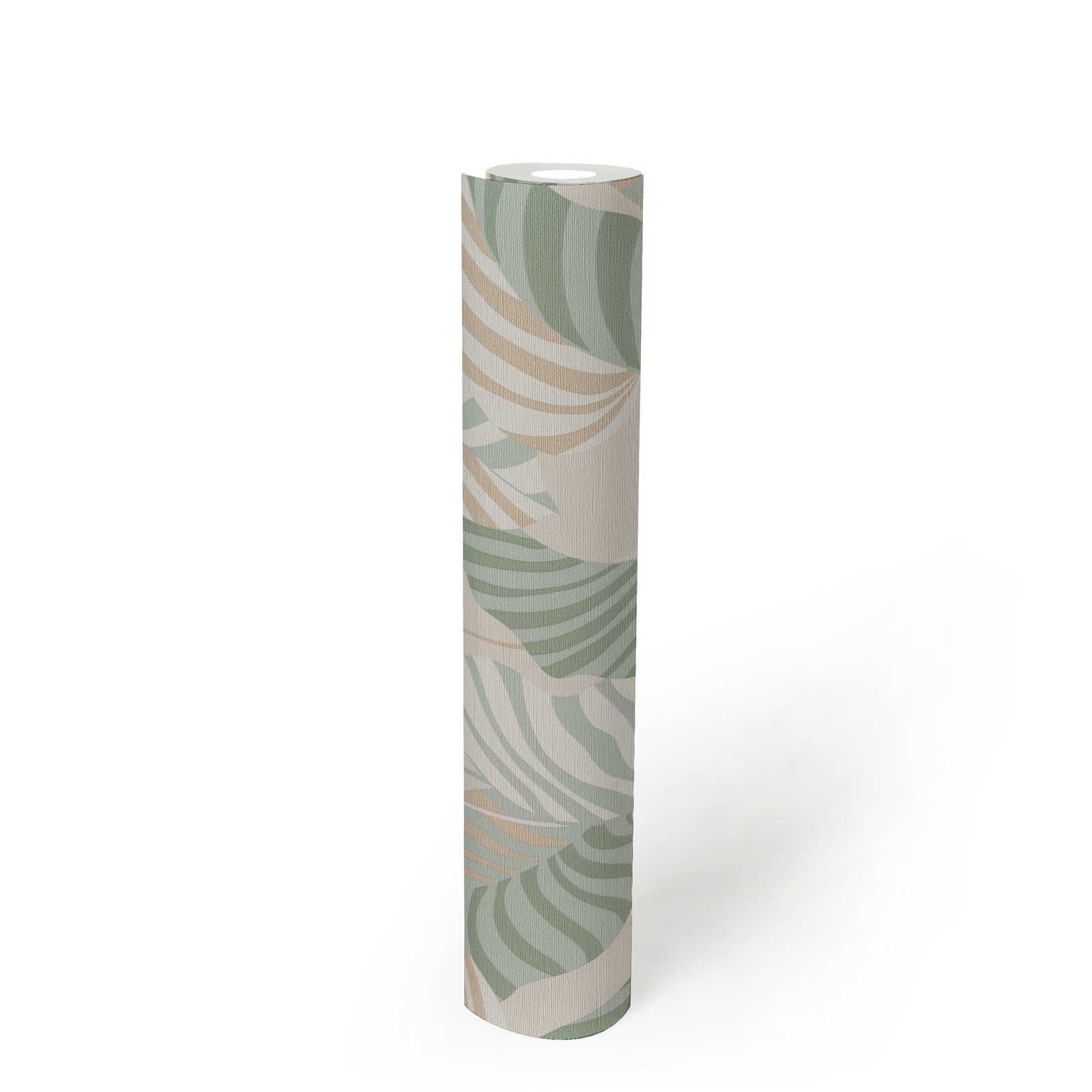             Vliestapete in natürlichen Stil mit leicht glänzenden Palmblättern – Creme, Grün, Gold
        