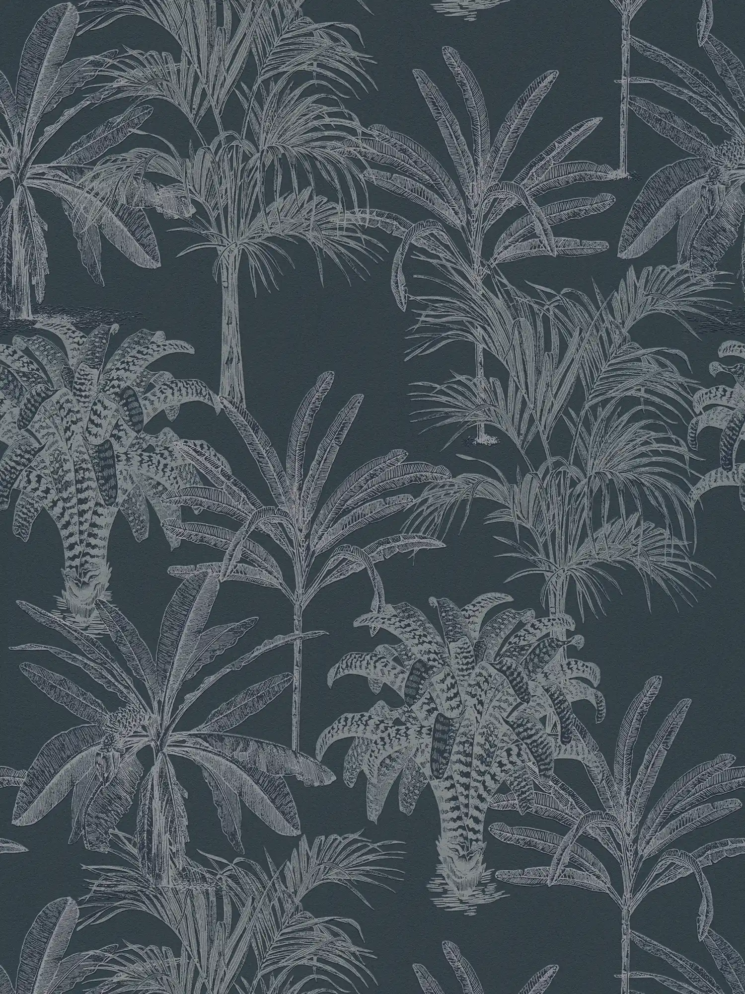Vliestapete Dunkelblau Palmen Muster im Kolonial Stil – Blau
