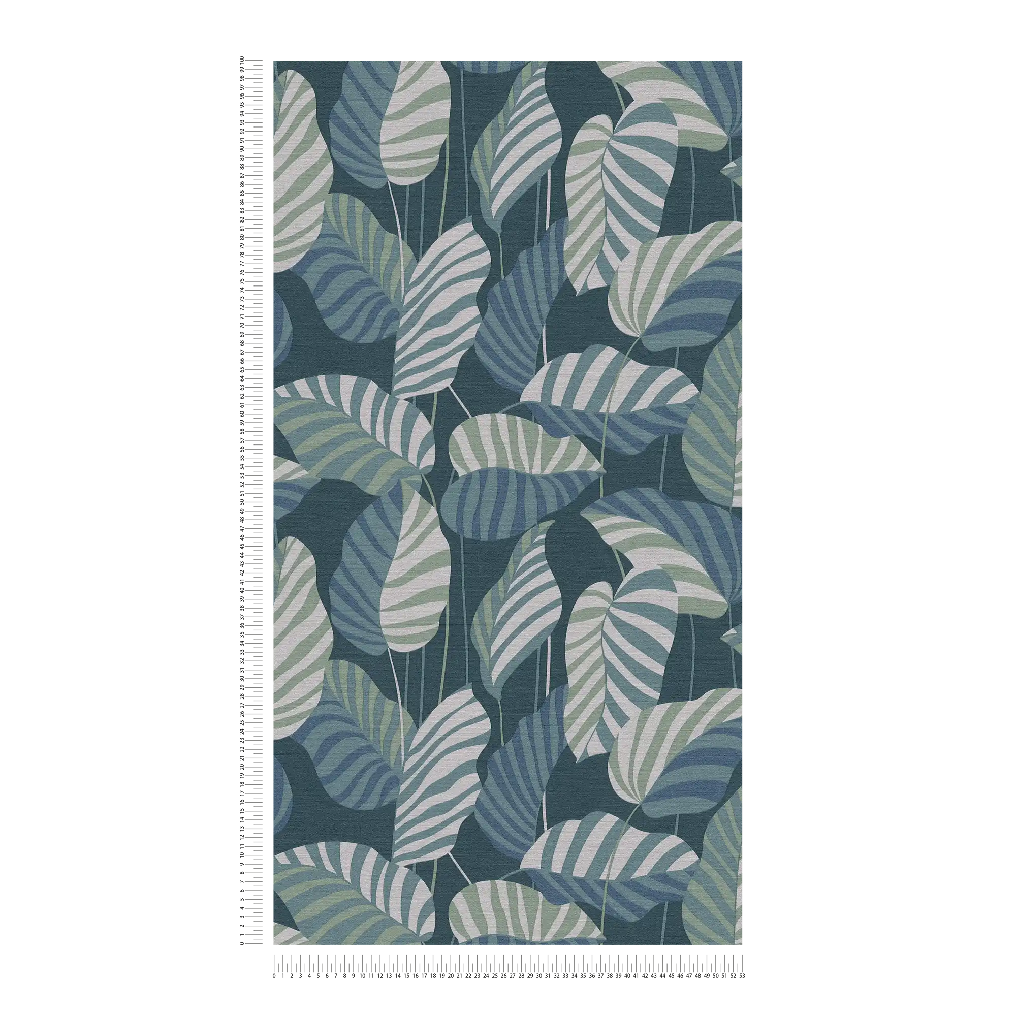             Vliestapete in Dschungelstil mit Blättern – Blau, Grün, Weiß
        