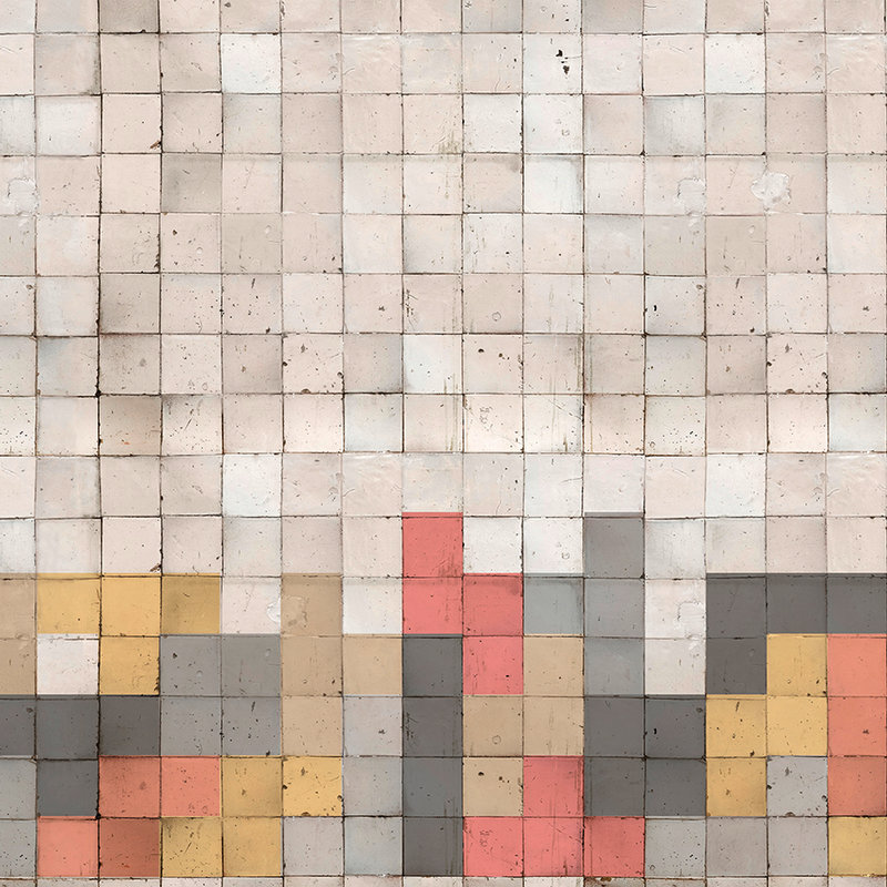 Mosaik Fototapete mir Betonblock-Muster – Grau, Orange, Gelb
