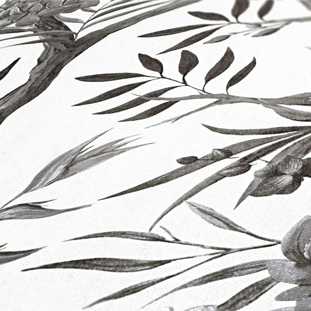             Dschungel Blüten Vliestapete in dezenten Farben – Schwarz, Weiß, Grau
        