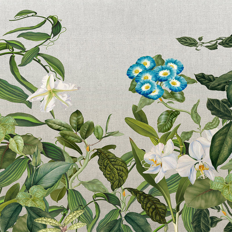 Fototapete mit Blüten, Blättern & Textil-Look – Grün, Grau, Blau
