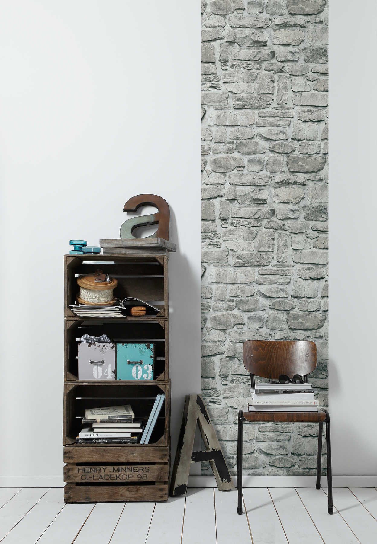             Steinoptik Tapete mit Natursteinmauer – Grau, Weiß
        