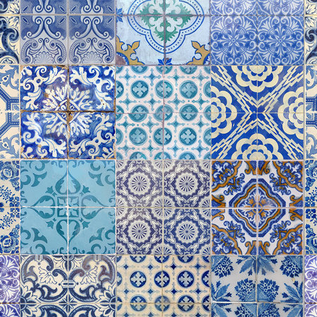 Fototapete Fliesenoptik Blau Weiß Vintage Mosaik Muster
