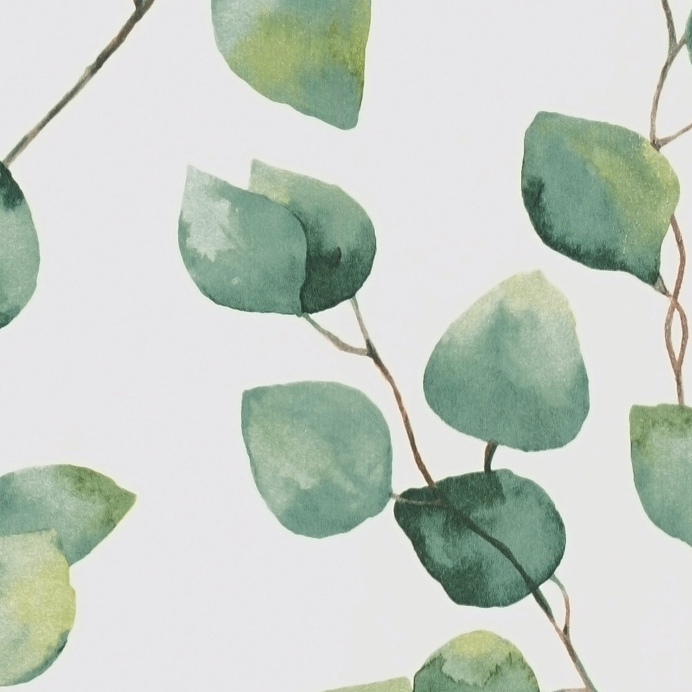             Selbstklebende Tapete | Blätterranken in Aquarellstil – Weiß, Grün
        