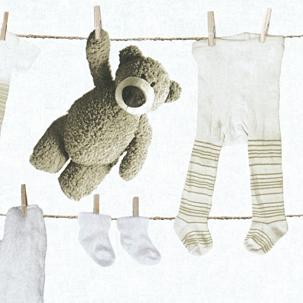             Kinderzimmer Tapete Baby Wäscheleine mit Teddybär – Creme
        