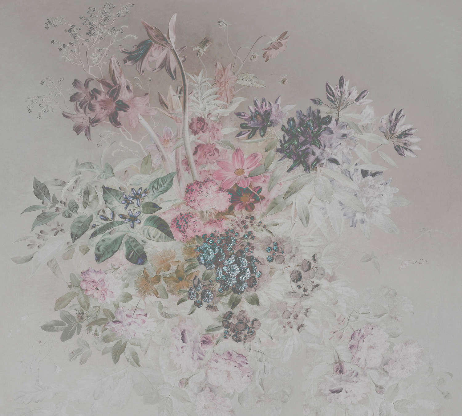             Blumen Fototapete mit Pastellfarben Design – Rosa, Grau
        