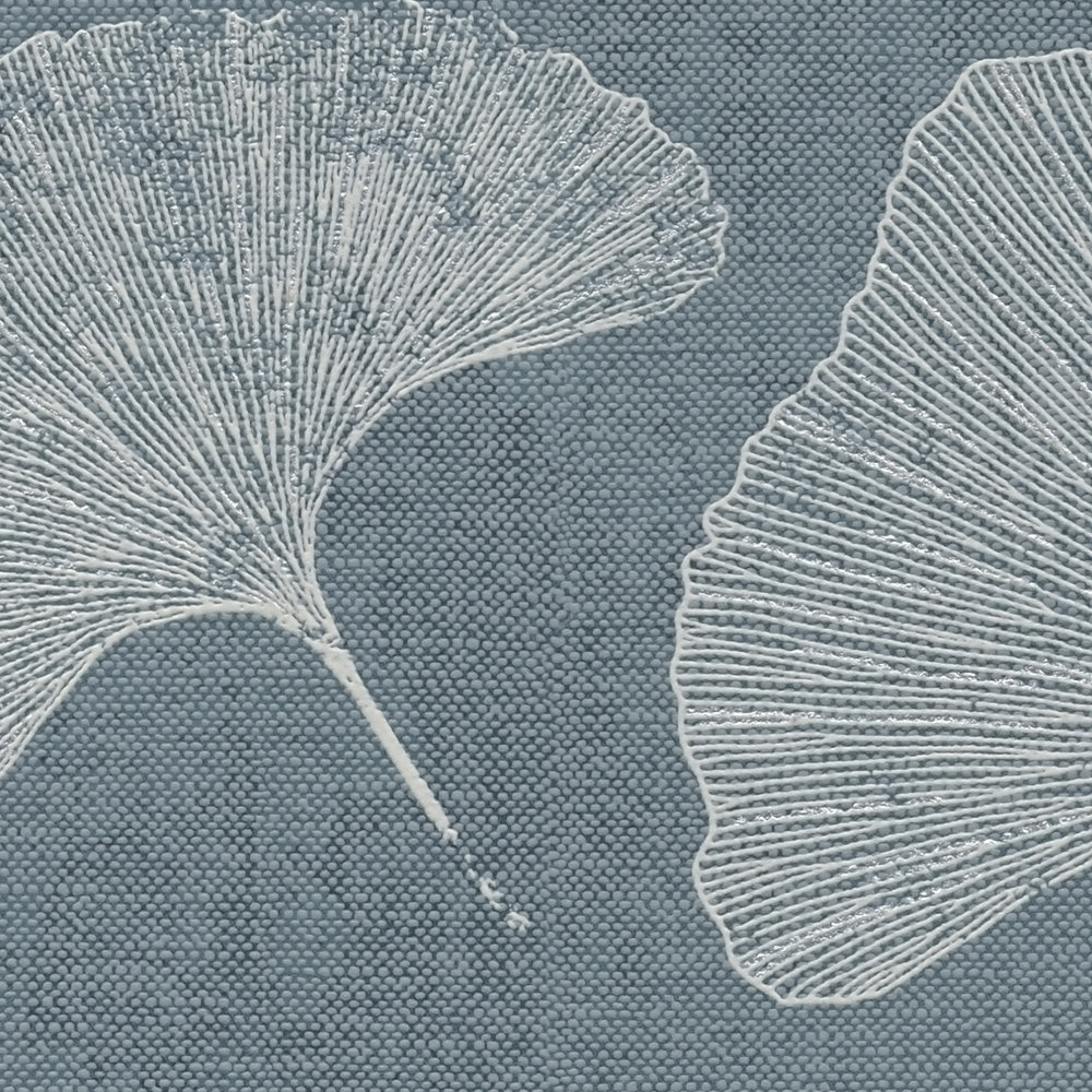             Florale Tapete mit Blättern matt strukturiert – Blau, Weiß, Silber
        