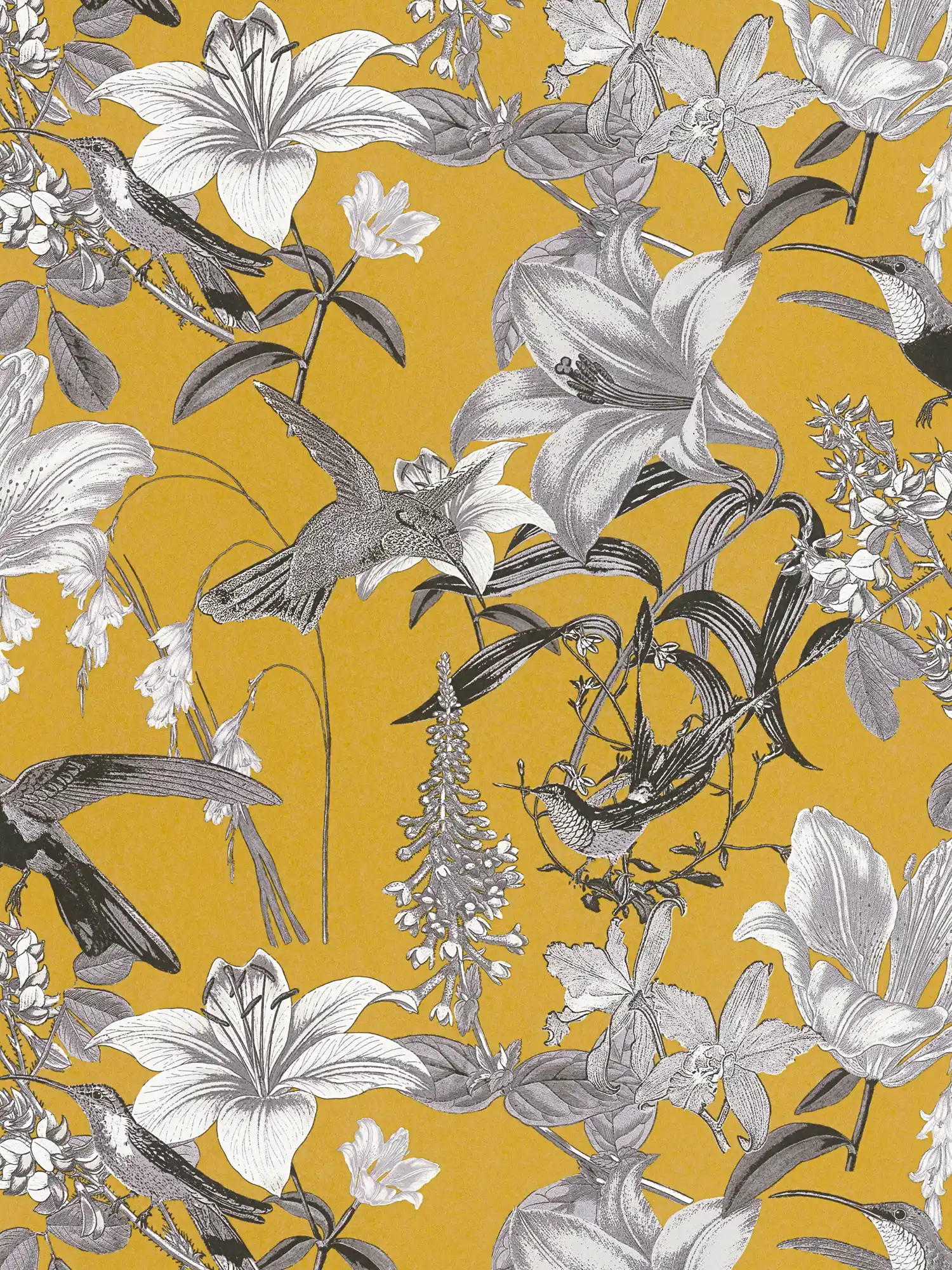 Blumen Tapete Senfgelb mit Blüten & Kolibri Muster – Gelb, Grau, Schwarz
