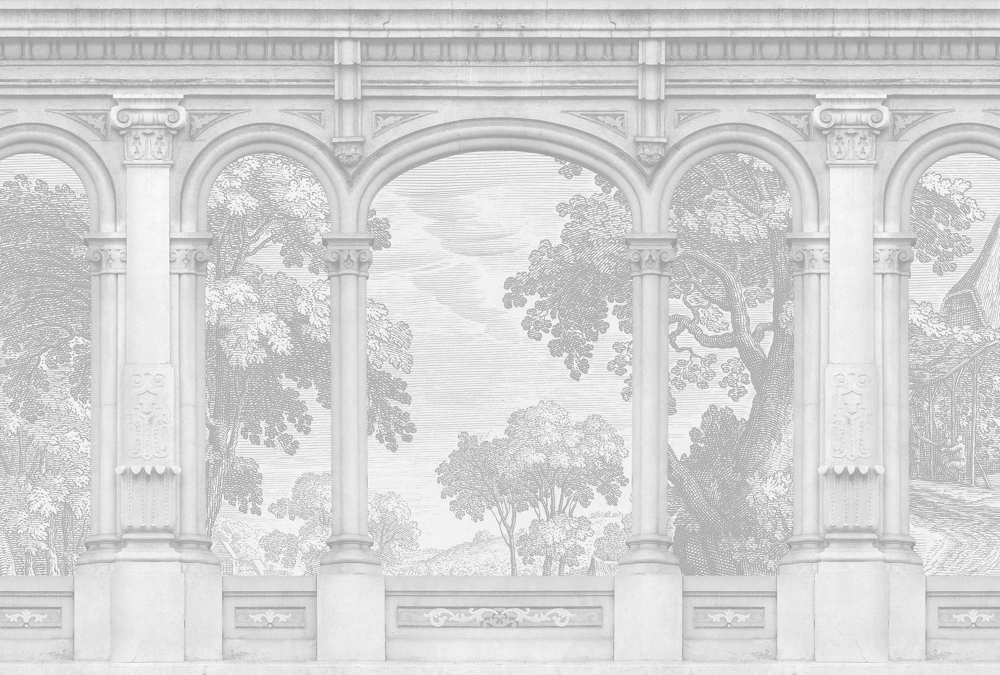             Roma 1 – Graue Fototapete Historic Design mit Rundbogen Fenster
        