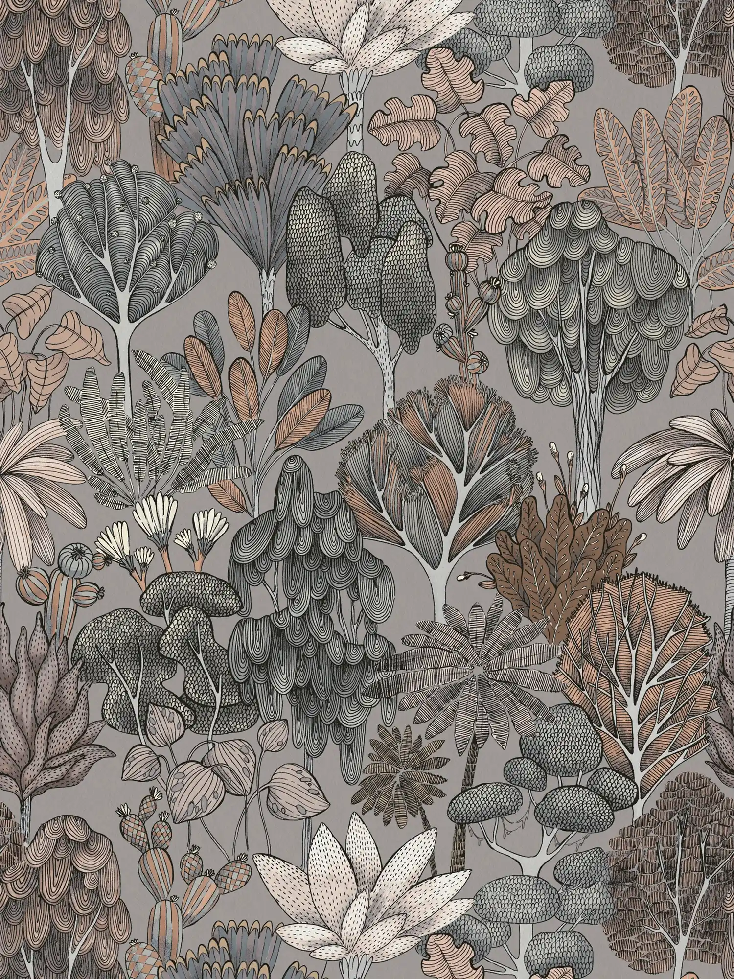         Tapete Grau Beige mit floralem Muster im Doodle Look – Grau, Beige, Orange
    