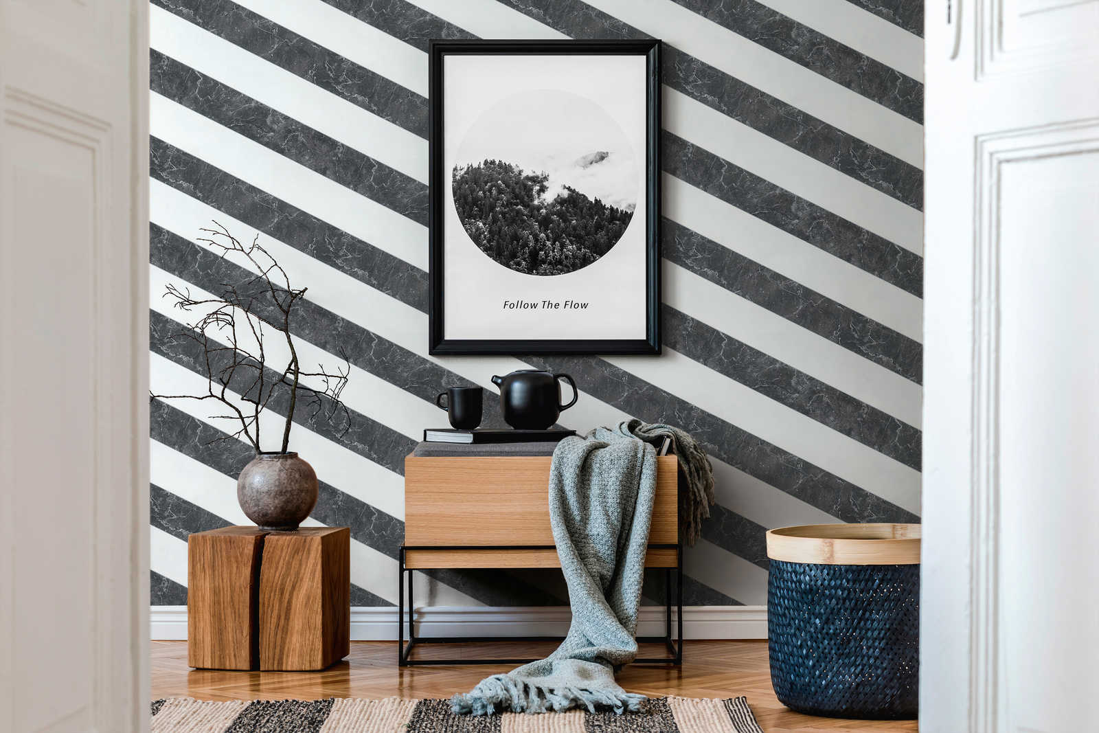             Streifen Tapete Marmoroptik Querstreifen Schwarz-Weiß Design
        