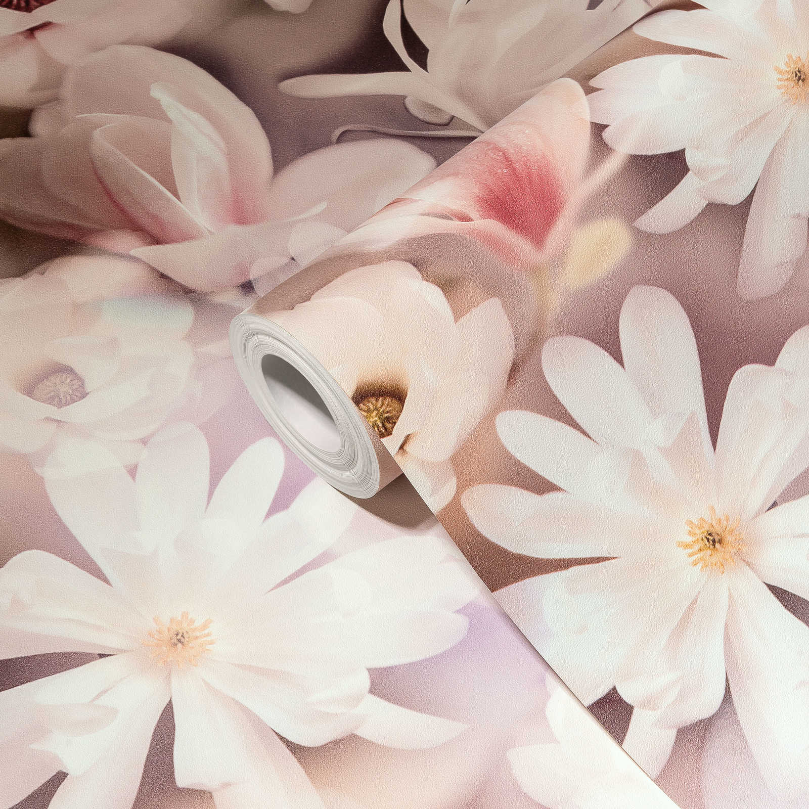             Blumentapete Collage Design in Rosa und Weiß
        
