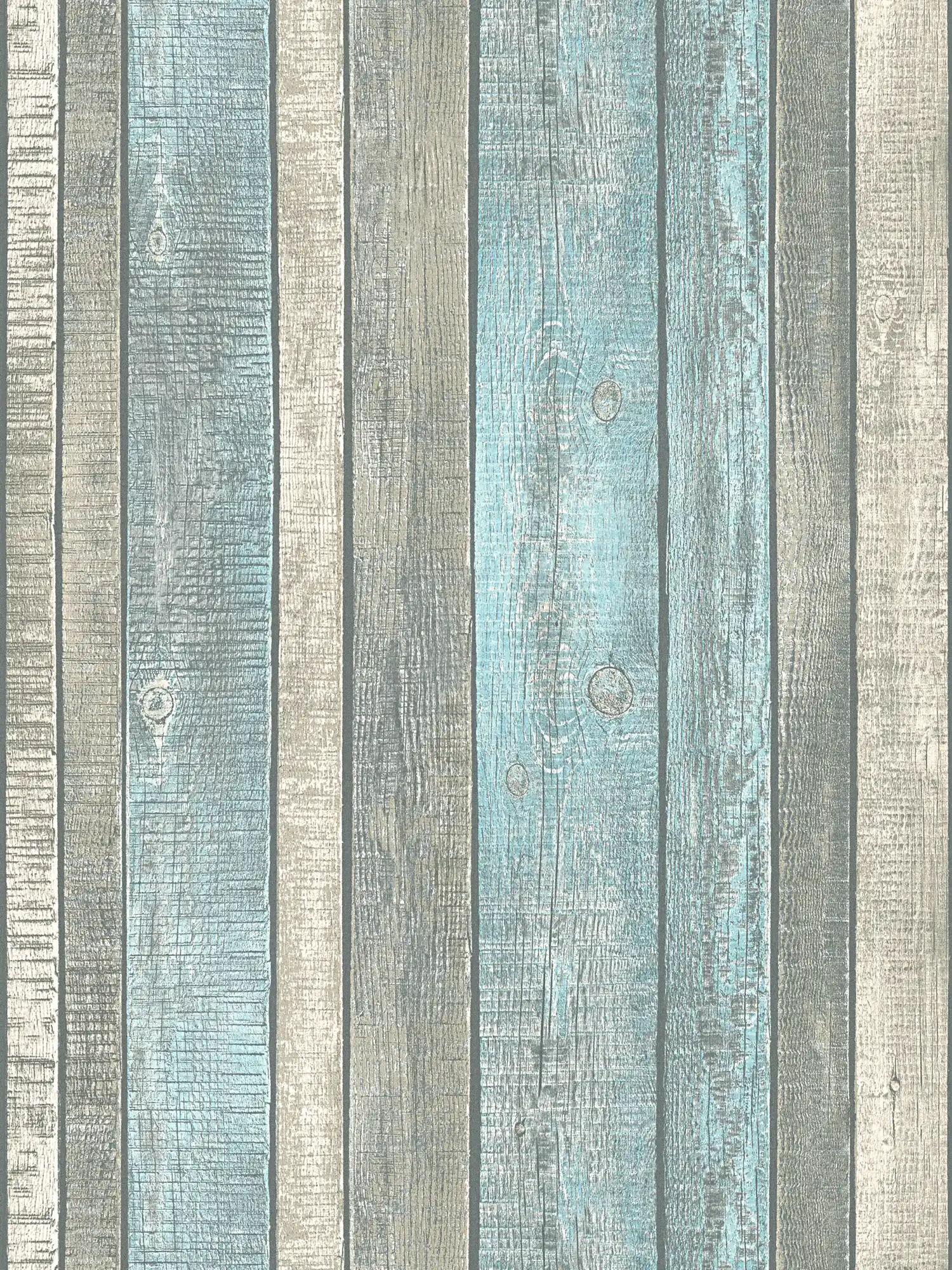 Holzoptik-Tapete mit Brettern & rustikaler Maserung – Blau, Grau, Creme
