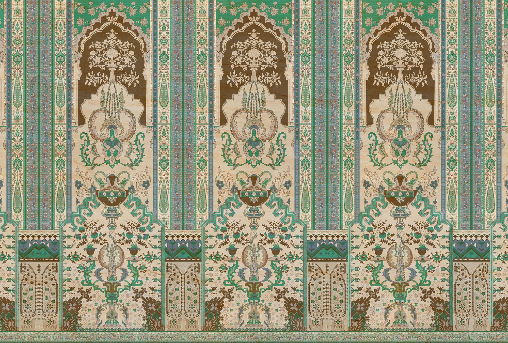             Fototapete »tara« - Ornamentvertäfelung mit Sperrholzstruktur – Grün, Beige | Glattes, leicht perlmutt-schimmerndes Vlies
        