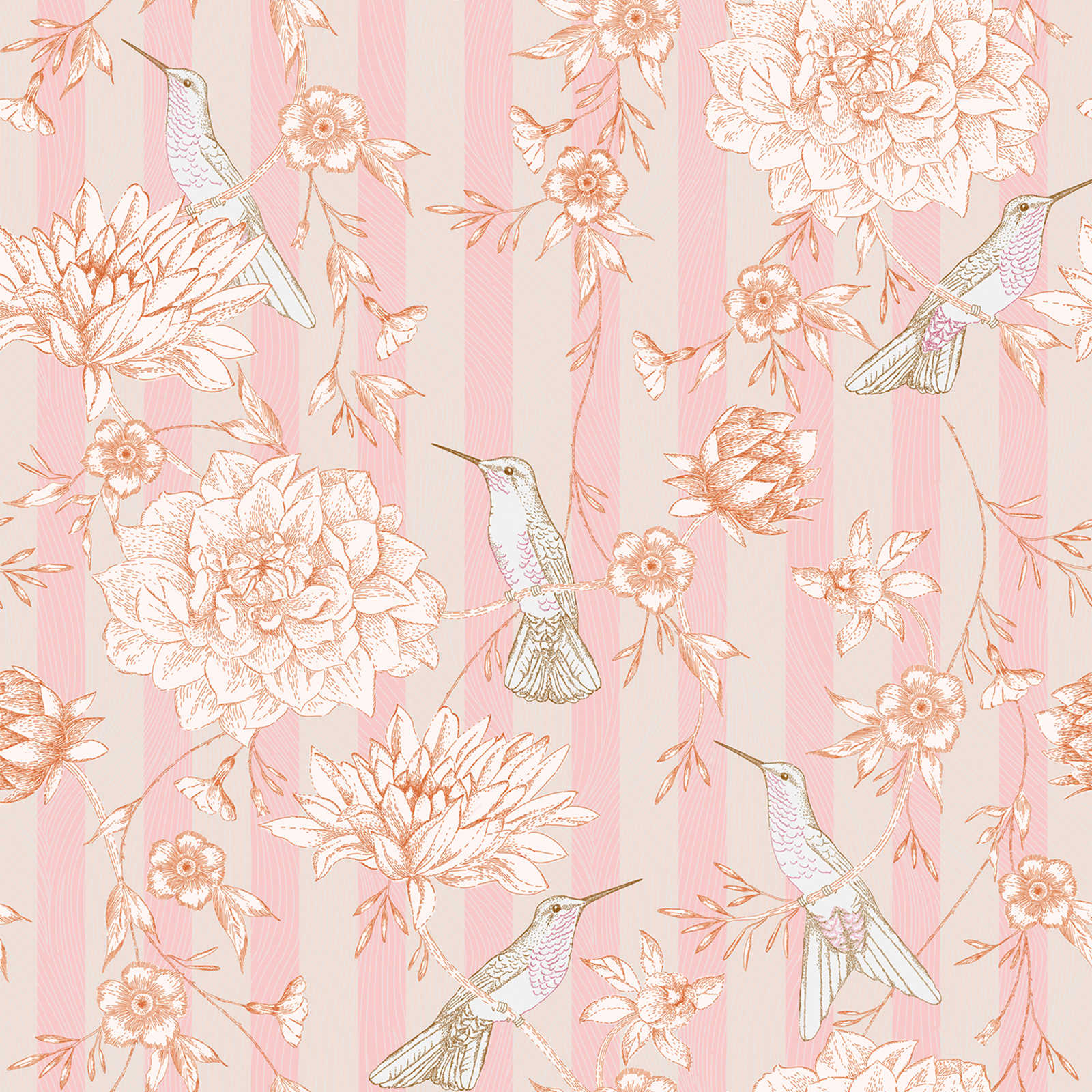 Streifentapete mit Blumenmotiv und Vögeln – Rosa, Beige, Orange
