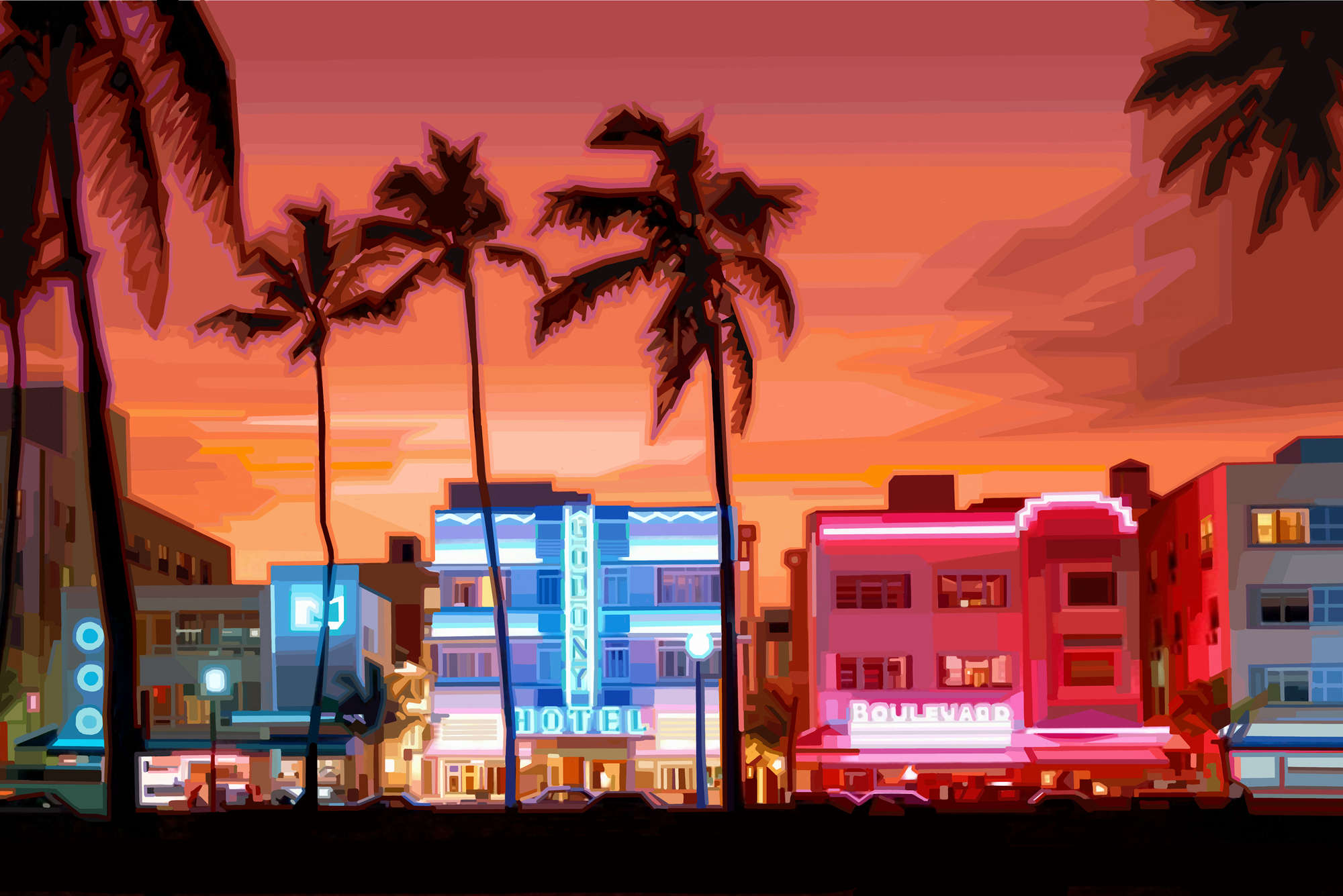             Fototapete Strand Boulevard mit Neon Lichtern – Premium Glattvlies
        