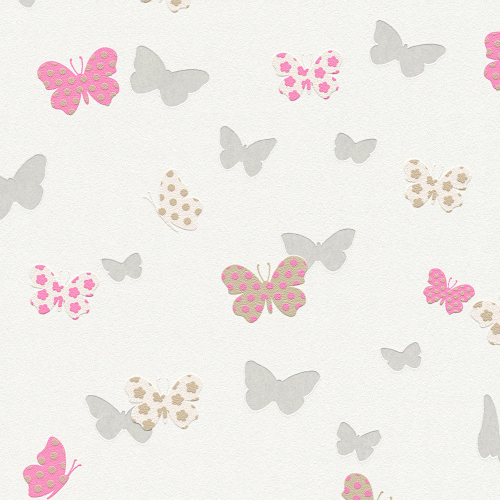             Tapete Schmetterling & Metallic Farben für Mädchen – Weiß, Rosa
        