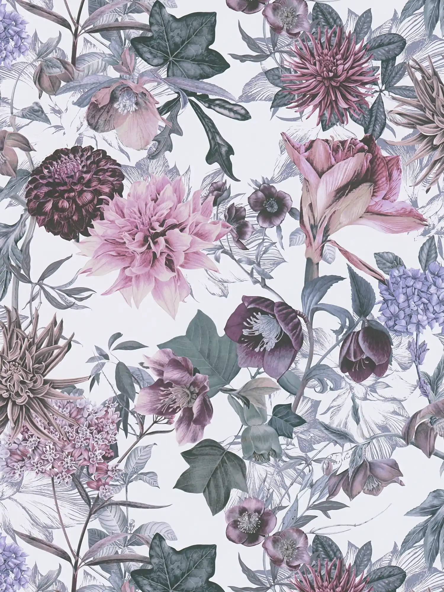 Florale Tapete Blumen Design mit Blättern – Rosa, Grau
