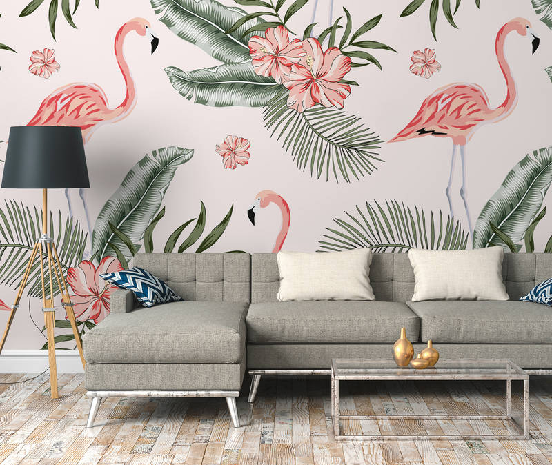             Flamingos und tropische Pflanzen – Weiß, Rosa, Grün
        