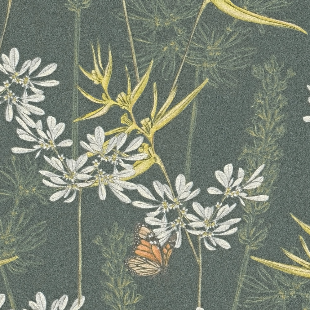             Florale Tapete mit Schmetterlingen & Gräsern strukturiert matt – Petrol, Gelb, Weiß
        