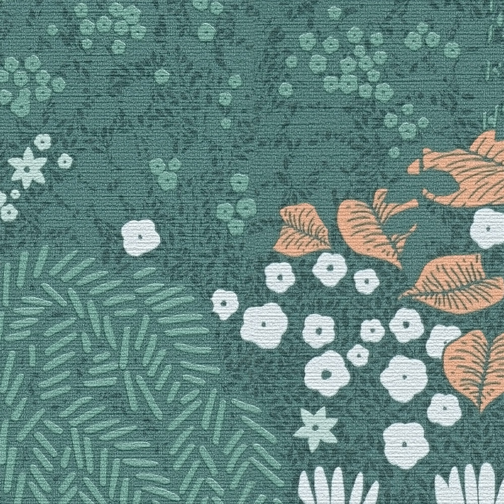             Florale Tapete mit Blättern leicht strukturiert, matt – Petrol, Orange, Grün
        