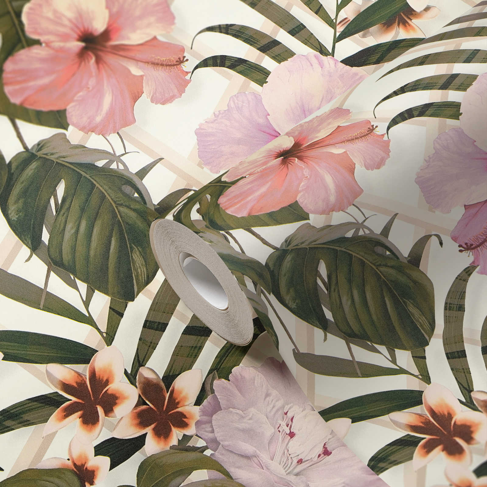             Dschungel Tapete mit Blumen Muster – Grün, Rosa, Weiß
        
