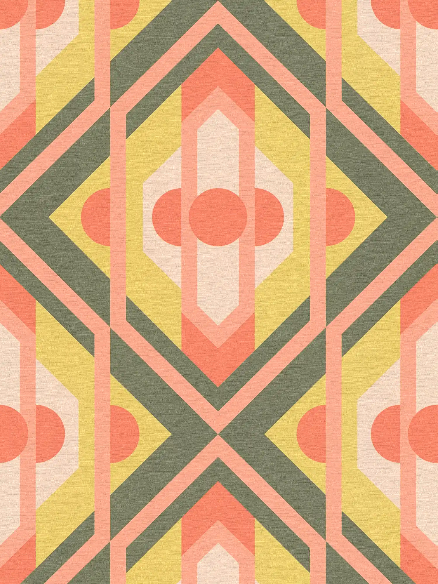         Leicht strukturierte Retro Tapete mit geometrischen Ornamenten – Grün, Orange, Rot
    