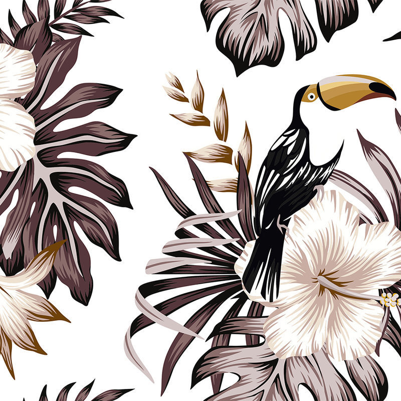 Dschungelpflanzen und Pelikan – Grau, Weiß, Schwarz
