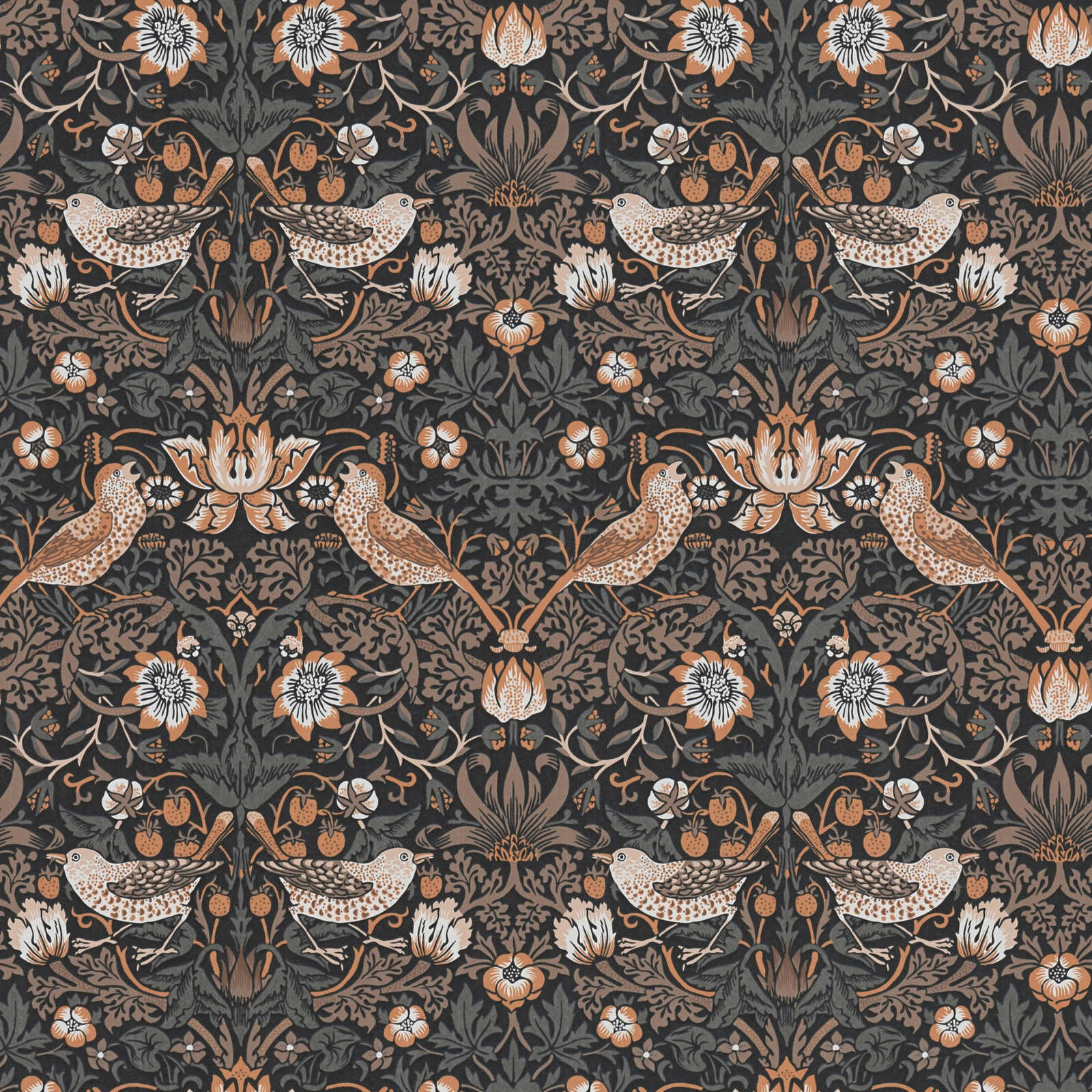 Florale Tapete mit Vögel in knalligen Farben – orange, Schwarz, Weiß
