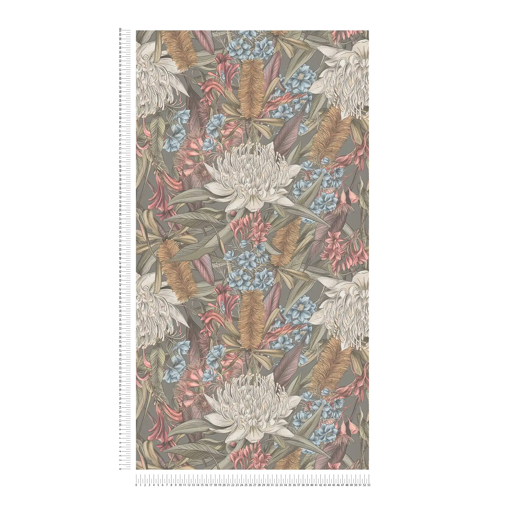             Dschungeltapete floral mit Blättern & Blüten strukturiert matt – Grau, Rosa, Grün
        
