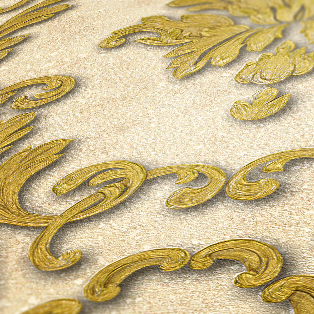             Designertapete florale Ornamente & Metallic-Effekt – Creme, Gold
        