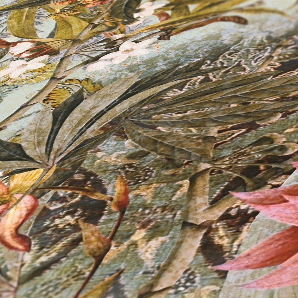             Vliestapete Vintage Dschungel Muster – Grün, Rosa
        